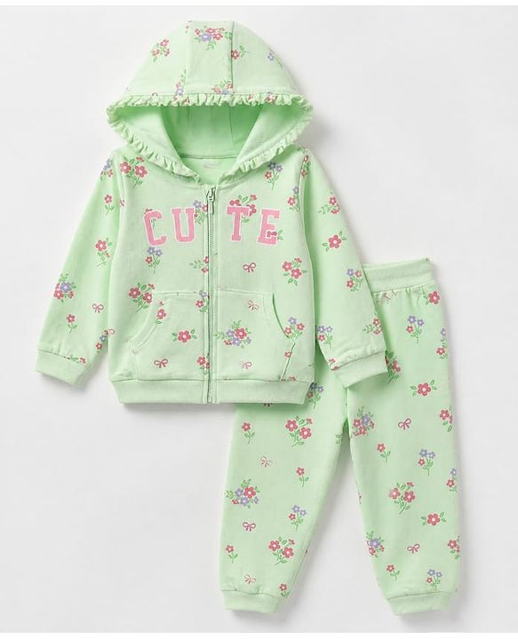 Babyhug 100% Cotton Terry Knit Full Sleeves Hooded Jacket & Jogger With Floral Print - Green