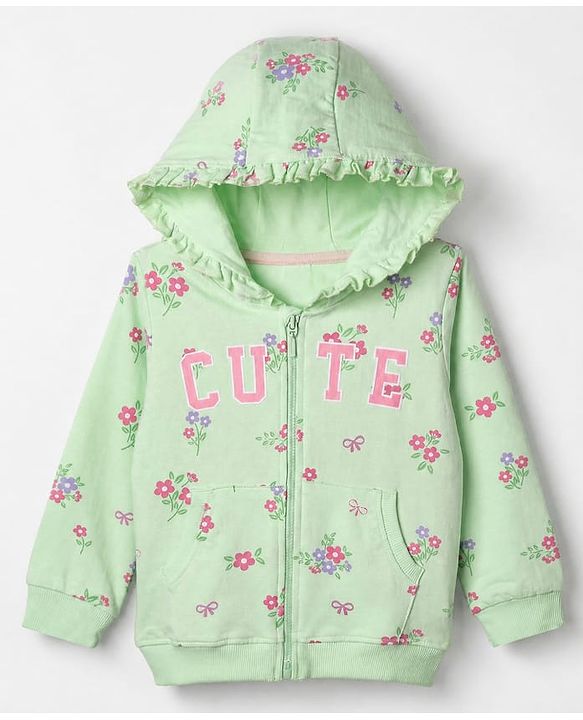 Babyhug 100% Cotton Terry Knit Full Sleeves Hooded Jacket & Jogger With Floral Print - Green