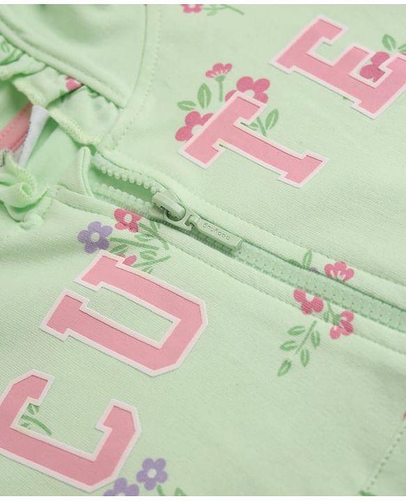 Babyhug 100% Cotton Terry Knit Full Sleeves Hooded Jacket & Jogger With Floral Print - Green