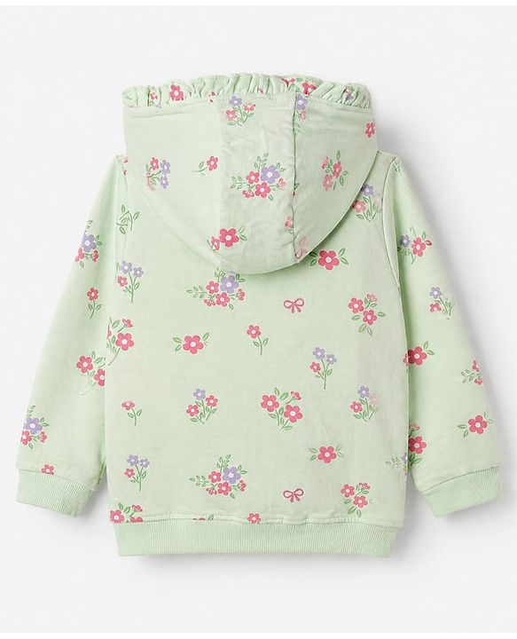 Babyhug 100% Cotton Terry Knit Full Sleeves Hooded Jacket & Jogger With Floral Print - Green