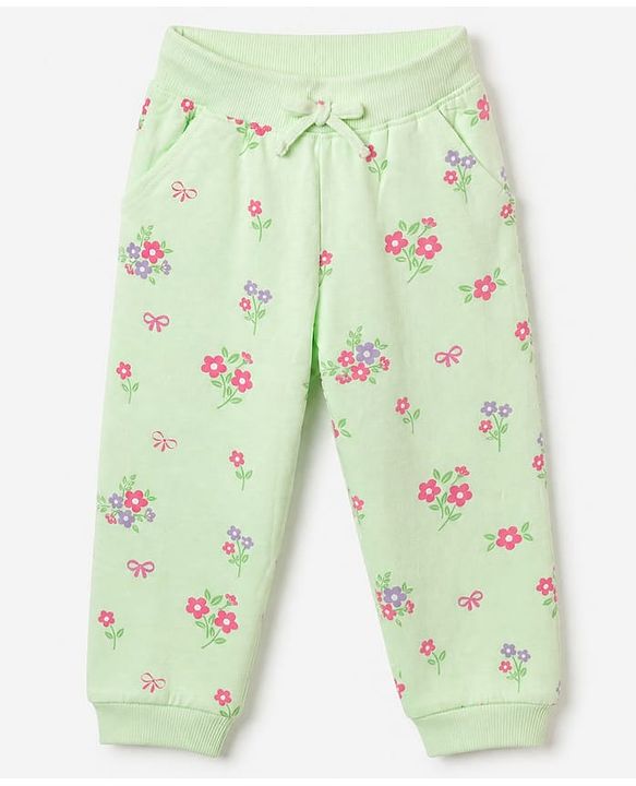 Babyhug 100% Cotton Terry Knit Full Sleeves Hooded Jacket & Jogger With Floral Print - Green