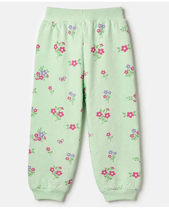 Babyhug 100% Cotton Terry Knit Full Sleeves Hooded Jacket & Jogger With Floral Print - Green