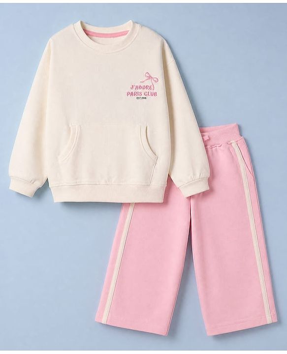 Babyhug 100% Cotton Terry Knit Full Sleeves Winter Wear Suit With Bow Detailing - White