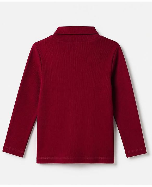Babyhug Cotton Knit Ribbed Turtle Neck Solid T-Shirt with Full Sleeves - Burgundy