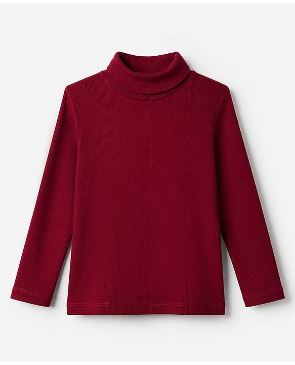 Babyhug Cotton Knit Ribbed Turtle Neck Solid T-Shirt with Full Sleeves - Burgundy