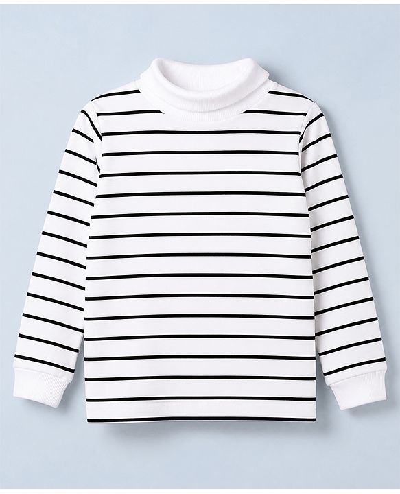 Babyhug Cotton Lycra Knit Skivi Winter T-Shirt with Full Sleeves and Stripes - White & Black