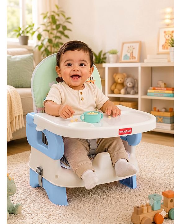 Babyhug Comfort Folding Booster Seat with 3 Point Safety Harness - Blue| Adjustable Height| Removable Food Tray| Foldable Design| Washable Seat Cover