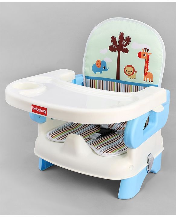 Babyhug Comfort Folding Booster Seat with 3 Point Safety Harness - Blue| Adjustable Height| Removable Food Tray| Foldable Design| Washable Seat Cover