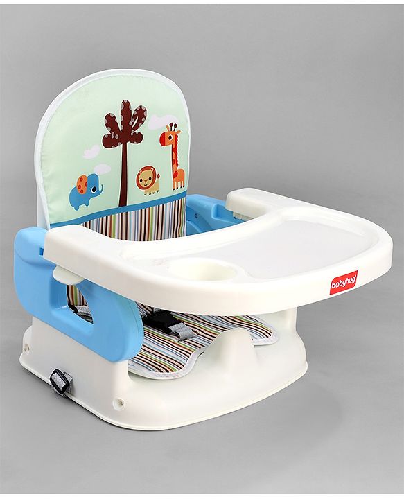 Babyhug Comfort Folding Booster Seat with 3 Point Safety Harness - Blue| Adjustable Height| Removable Food Tray| Foldable Design| Washable Seat Cover