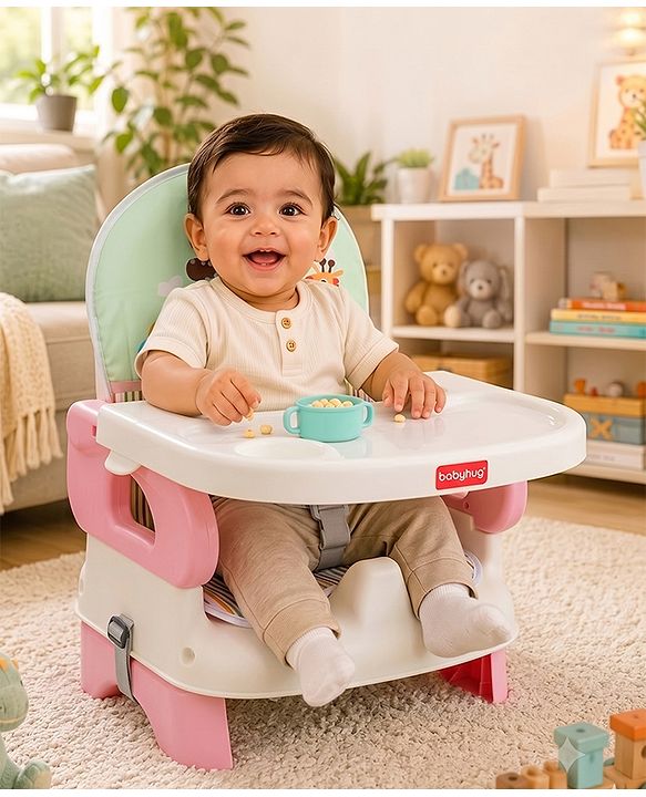 Babyhug Comfort Folding Booster Seat with 3 Point Safety Harness - Pink| Adjustable Height| Removable Food Tray| Foldable Design| Washable Seat Cover