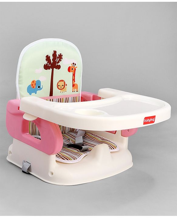 Babyhug Comfort Folding Booster Seat with 3 Point Safety Harness - Pink| Adjustable Height| Removable Food Tray| Foldable Design| Washable Seat Cover