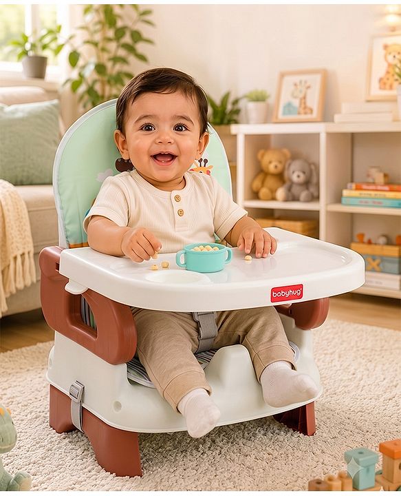 Babyhug Comfort Folding Booster Seat with 3 Point Safety Harness - Brown| Adjustable Height| Removable Food Tray| Foldable Design| Washable Seat Cover