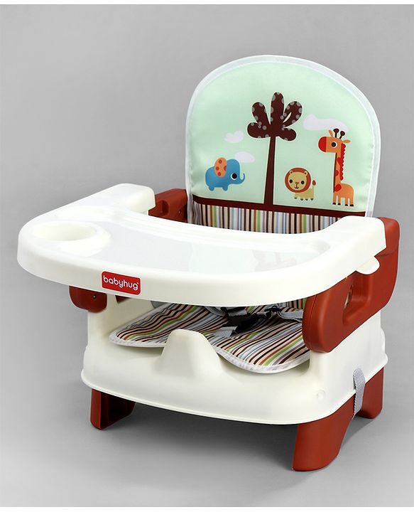 Babyhug Comfort Folding Booster Seat with 3 Point Safety Harness - Brown| Adjustable Height| Removable Food Tray| Foldable Design| Washable Seat Cover