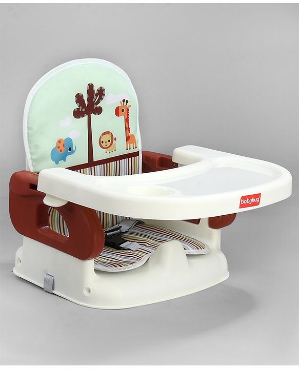 Babyhug Comfort Folding Booster Seat with 3 Point Safety Harness - Brown| Adjustable Height| Removable Food Tray| Foldable Design| Washable Seat Cover