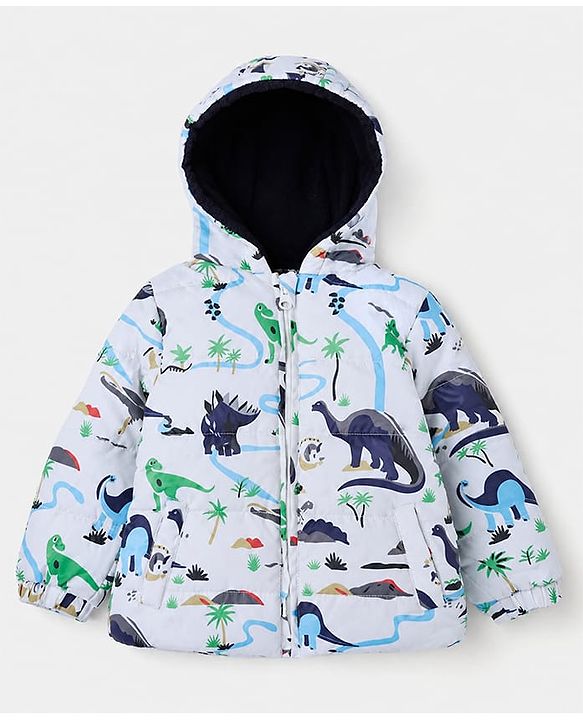 Babyhug Woven Full Sleeves Hooded Padded Quilted Winter Jacket and Pant with Dinosaur Print - White & Blue