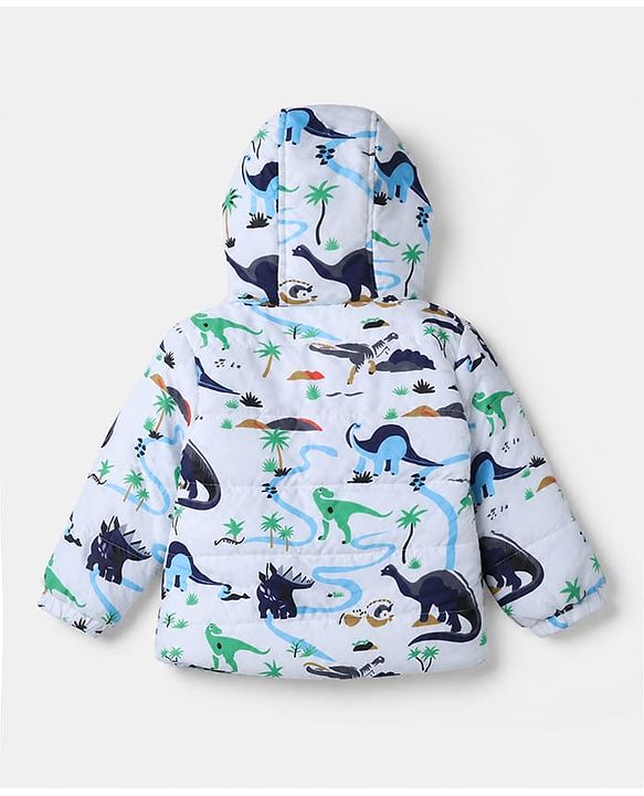 Babyhug Woven Full Sleeves Hooded Padded Quilted Winter Jacket and Pant with Dinosaur Print - White & Blue