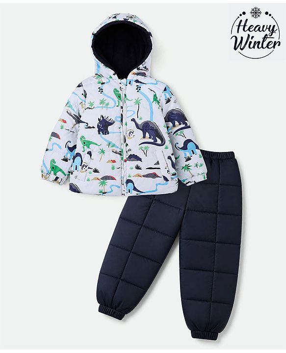 Babyhug Woven Full Sleeves Hooded Padded Quilted Winter Jacket and Pant with Dinosaur Print - White & Blue