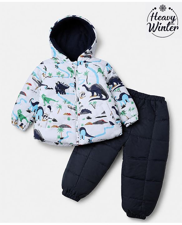 Babyhug Woven Full Sleeves Hooded Winter Wear Suit With Animal Print - White
