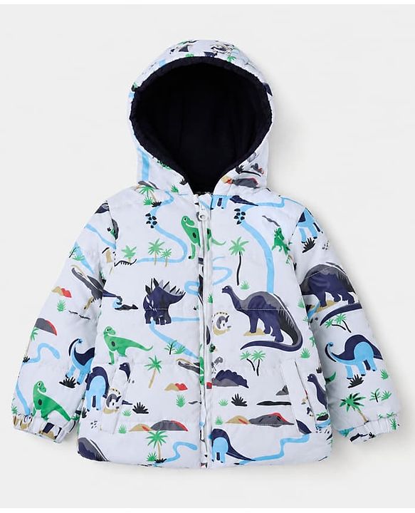Babyhug Woven Full Sleeves Hooded Winter Wear Suit With Animal Print - White