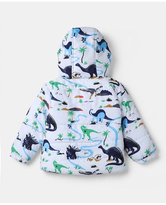 Babyhug Woven Full Sleeves Hooded Winter Wear Suit With Animal Print - White
