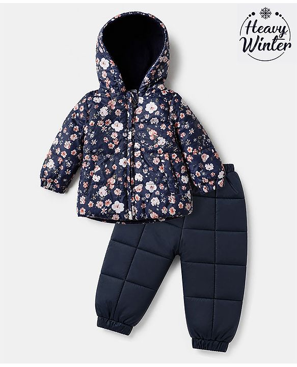 Babyhug Heavy Polyfill Winter Wear suit - Navy Blue 6-9M