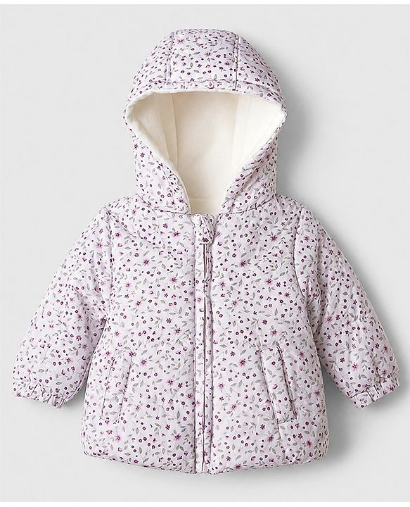 Babyhug Woven Heavy Polyfill Full Sleeves Floral Printed Hooded Winter Wear Suit - Pink