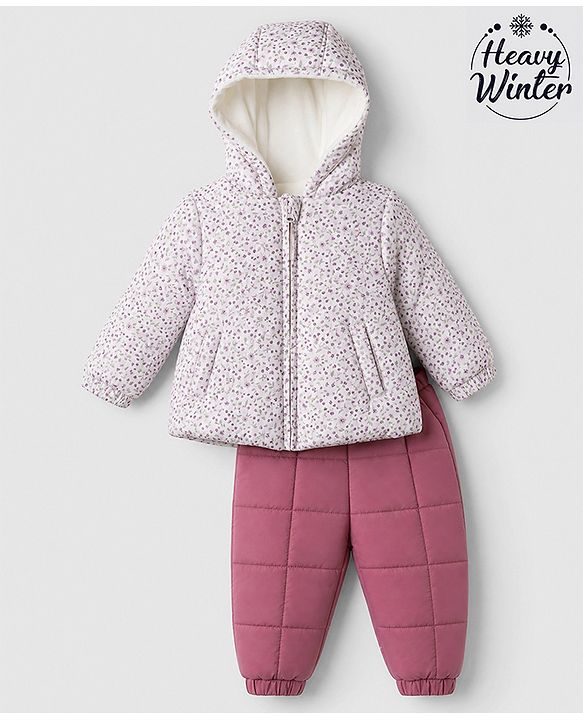 Babyhug Woven Heavy Polyfill Full Sleeves Floral Printed Hooded Winter Wear Suit - Pink