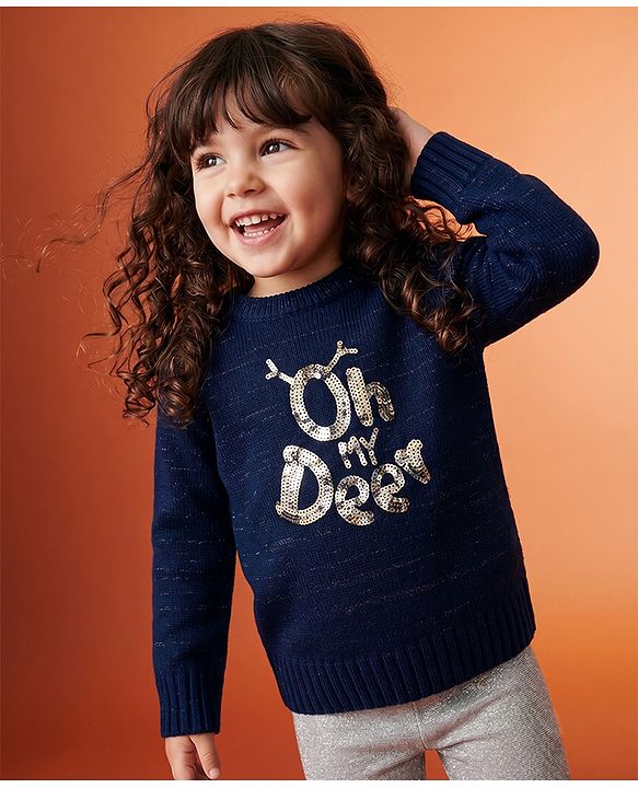 Babyhug Knit Full Sleeves Pullover with Sequin Work - Navy Blue