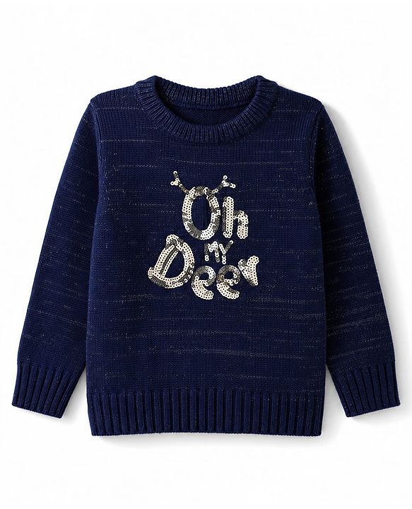 Babyhug Knit Full Sleeves Pullover with Sequin Work - Navy Blue