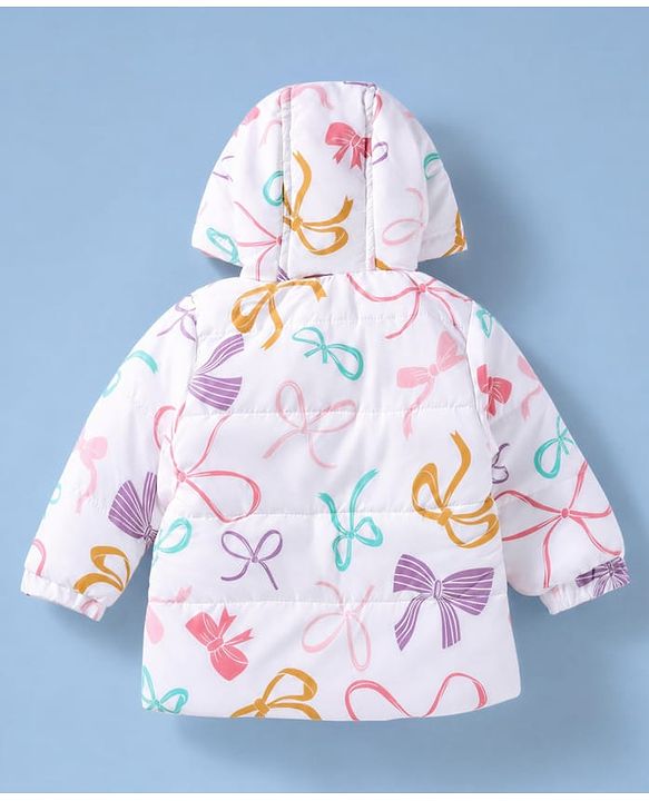 Babyhug Woven Heavy Polyfill Full Sleeves Bow Printed Winter Wear Suit - White & Pink