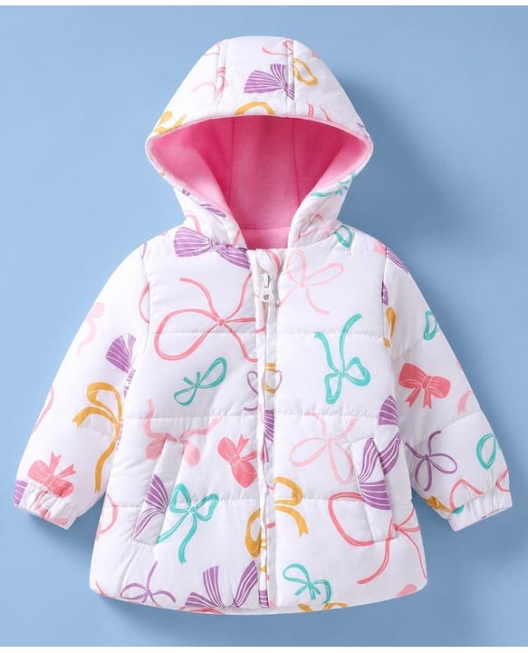 Babyhug Woven Heavy Polyfill Full Sleeves Bow Printed Winter Wear Suit - White & Pink