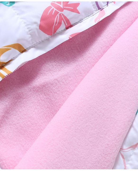 Babyhug Woven Heavy Polyfill Full Sleeves Bow Printed Winter Wear Suit - White & Pink