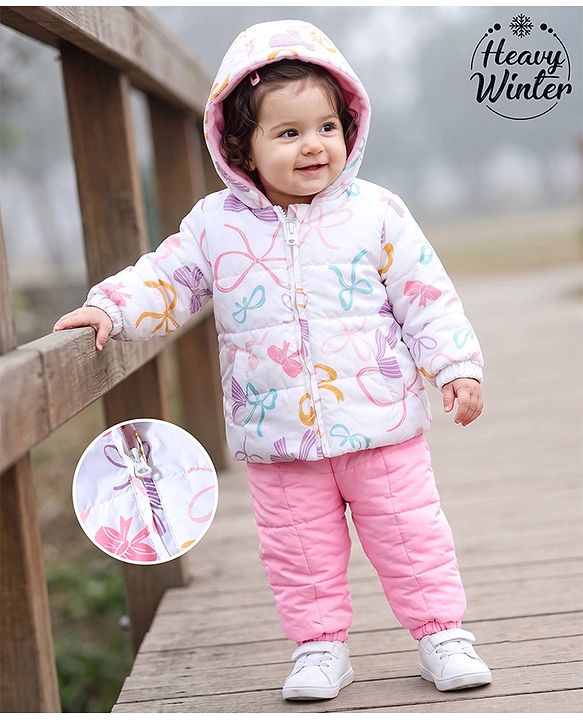 Babyhug Woven Heavy Polyfill Full Sleeves Bow Printed Winter Wear Suit - White & Pink