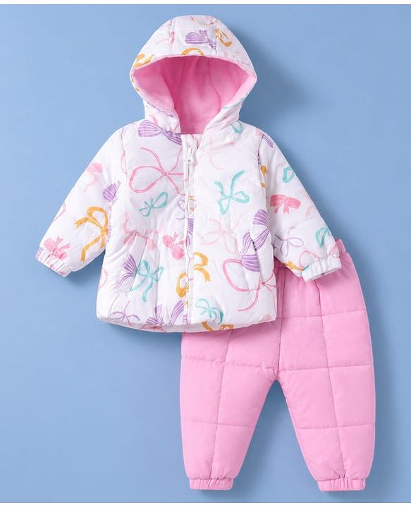 Babyhug Woven Heavy Polyfill Full Sleeves Bow Printed Winter Wear Suit - White & Pink