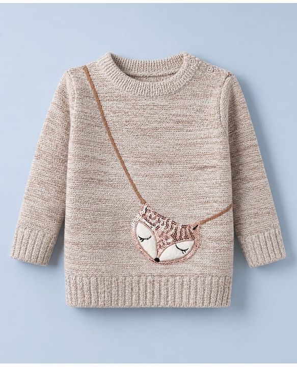 Babyhug Knit Pullover with Full Sleeves Fox Design With Sling Bag Applique in Beige