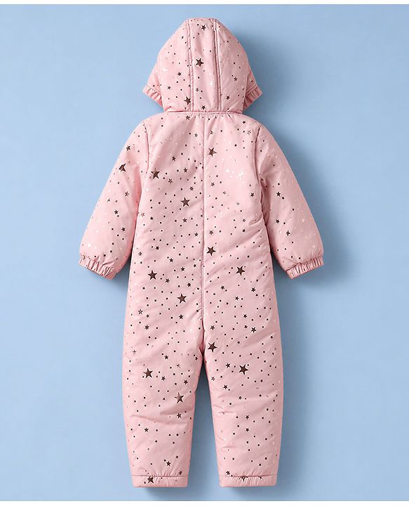 Babyhug Woven Heavy Polyfill Full Raglan Sleeves Star Foil Printed Winter Wear Hooded Romper - Pink