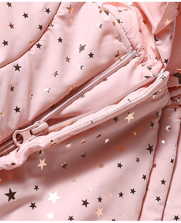 Babyhug Woven Heavy Polyfill Full Raglan Sleeves Star Foil Printed Winter Wear Hooded Romper - Pink