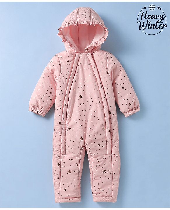 Babyhug Woven Heavy Polyfill Full Raglan Sleeves Star Foil Printed Winter Wear Hooded Romper - Pink
