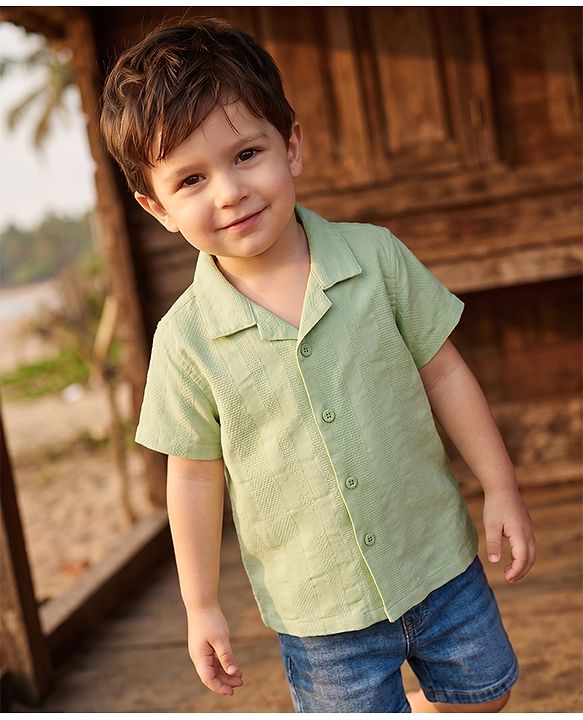 Babyhug 100% Cotton Woven Striped Shirt with Half Sleeves - Light Green