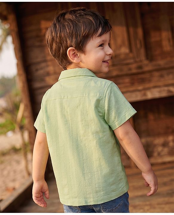 Babyhug 100% Cotton Woven Striped Shirt with Half Sleeves - Light Green