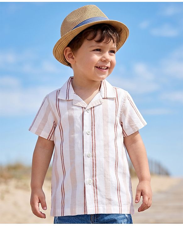 Babyhug 100% Cotton Woven Striped Shirt with Half Sleeves - White & Pink