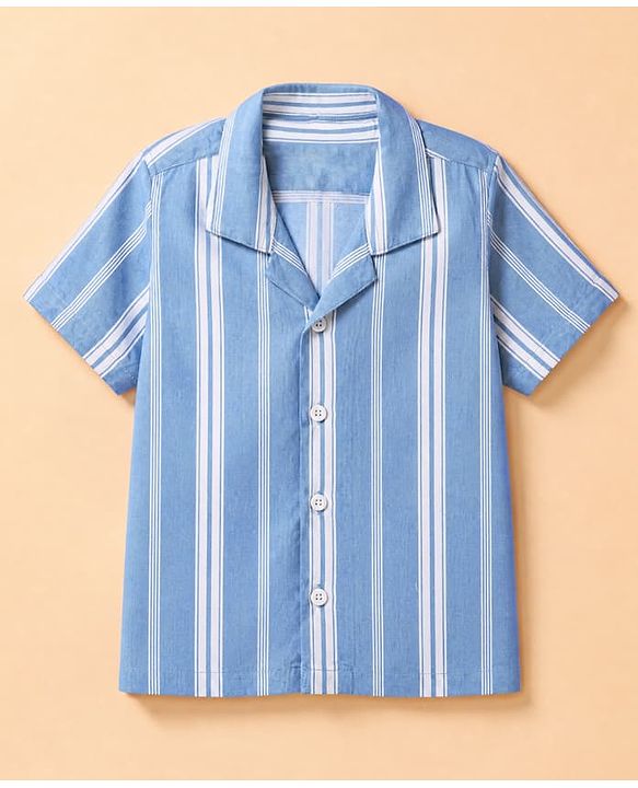 Babyhug Cotton Woven Striped Resort Collar Shirt with Half Sleeves in Blue for 9-12 Months