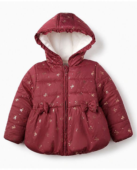 Babyhug Woven Padded/Quilted/ Winter Jacket with Full Sleeves and Bow Foil/Glitter Print in Maroon