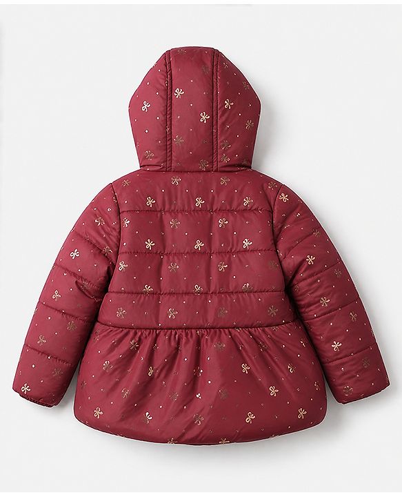 Babyhug Woven Padded/Quilted/ Winter Jacket with Full Sleeves and Bow Foil/Glitter Print in Maroon