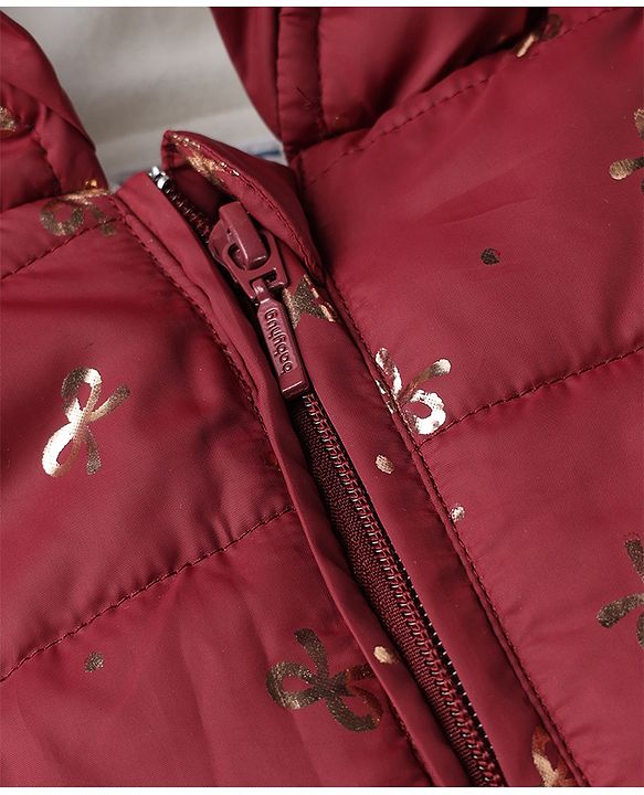 Babyhug Woven Padded/Quilted/ Winter Jacket with Full Sleeves and Bow Foil/Glitter Print in Maroon
