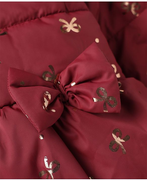 Babyhug Woven Padded/Quilted/ Winter Jacket with Full Sleeves and Bow Foil/Glitter Print in Maroon