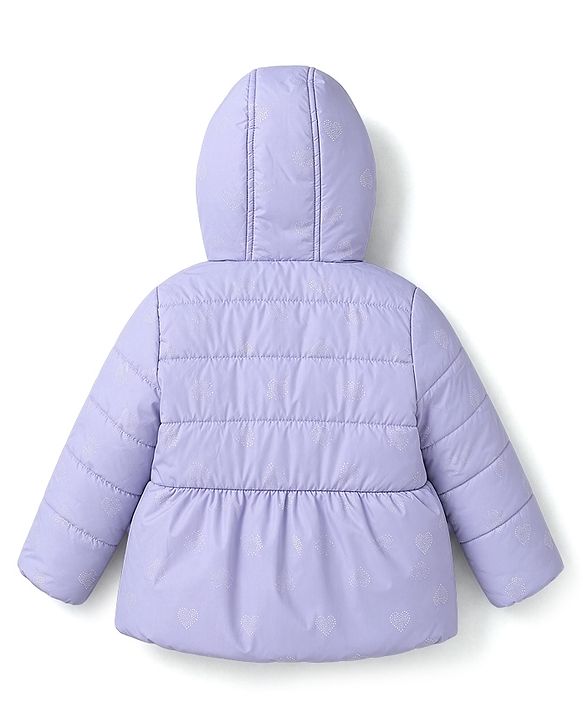Babyhug Woven Full Sleeves Hooded Padded/Quilted/ Winter Jacket with Bow Detailing & Heart Foil Print - Purple