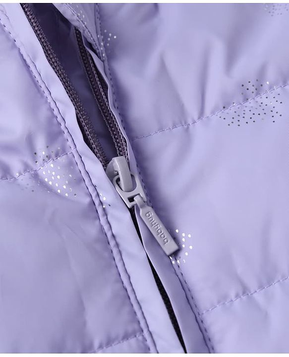 Babyhug Woven Full Sleeves Hooded Padded/Quilted/ Winter Jacket with Bow Detailing & Heart Foil Print - Purple