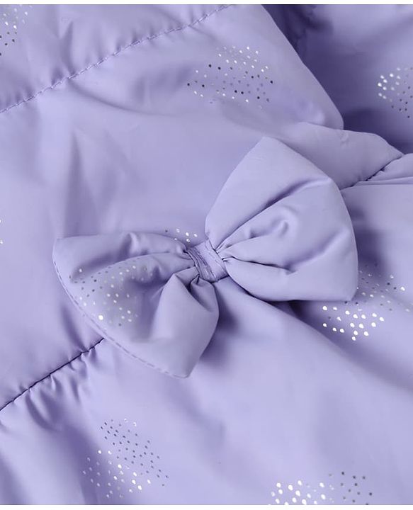 Babyhug Woven Full Sleeves Hooded Padded/Quilted/ Winter Jacket with Bow Detailing & Heart Foil Print - Purple