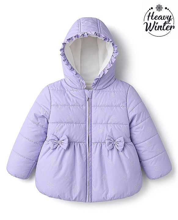 Babyhug Woven Full Sleeves Hooded Padded/Quilted/ Winter Jacket with Bow Detailing & Heart Foil Print - Purple